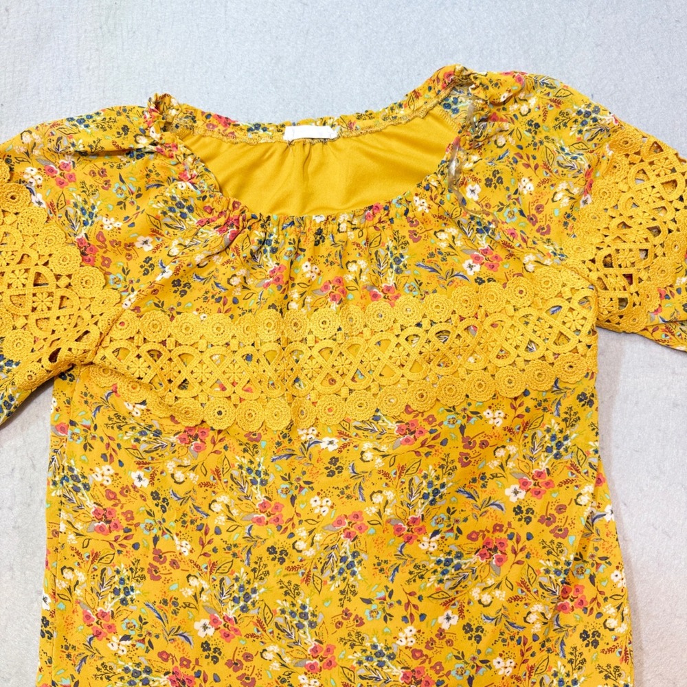 Knit Works Blouse Girls XL 16‎ Mustard Yellow Excellent Floral Crochet Boho Top